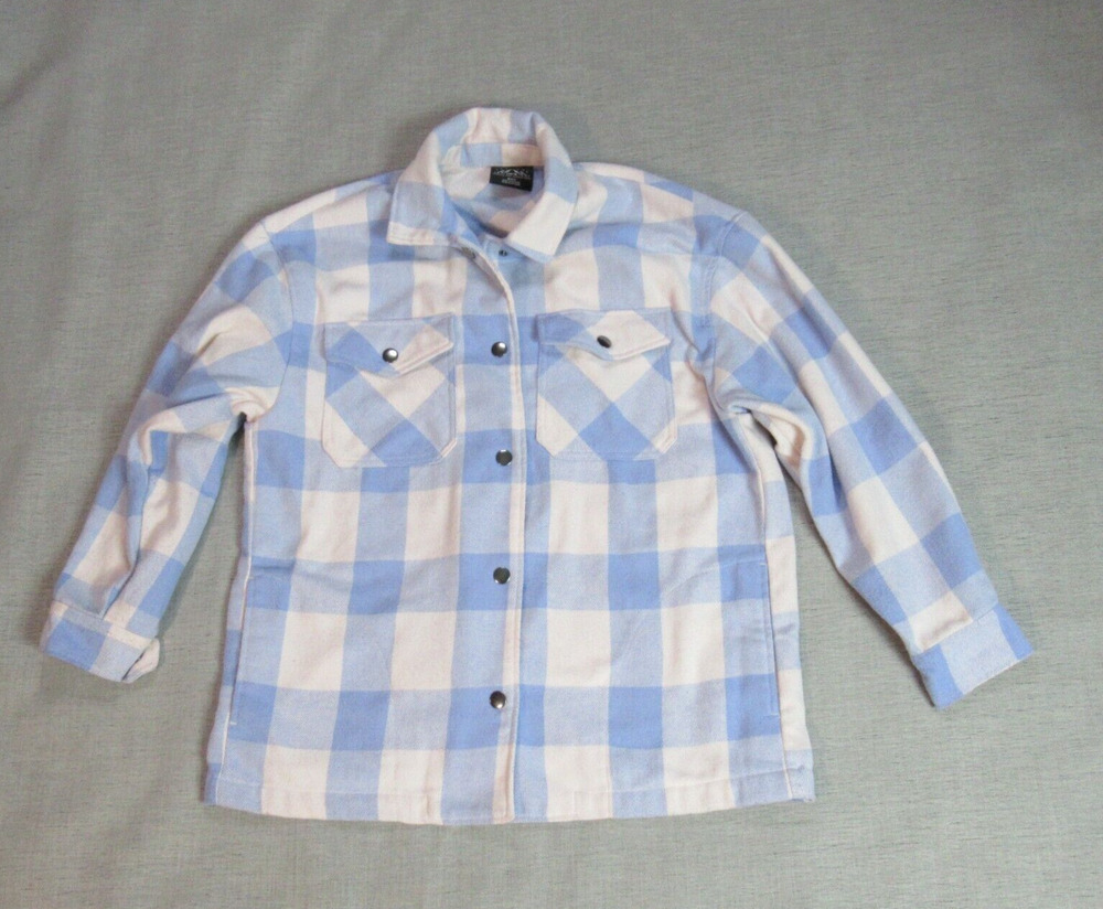 HFX Shirt Jacket Womens Small Blue Cream Plaid Flannel Snap Shacket Cabincore